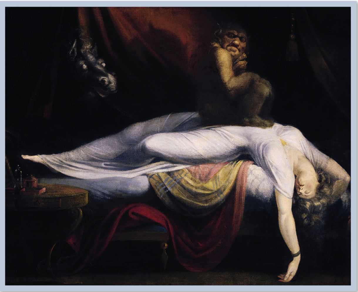 A woman sleeping with two devilish creatures in her room, one of which sits on her belly. 