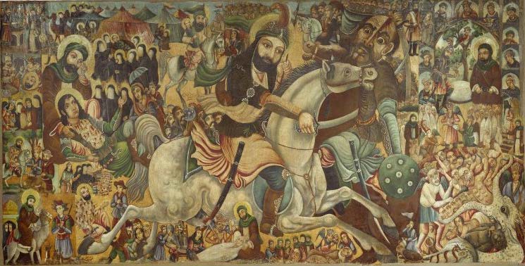 Artistic commemoration of the martyrdom of Imam Husayn at the Battle of Karbala. The focus of the painting is on Husayn’s half-brother ‘Abbas on a white horse.