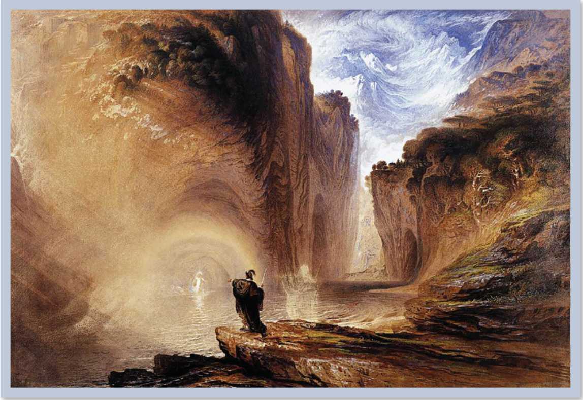 A man standing on a rock amid a cloudy sea of waves and a human figure in the sky.