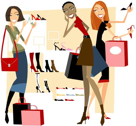 Clip art showing three women at a fashionable shoe store. They are examining high heeled shoes and have several shopping bags.