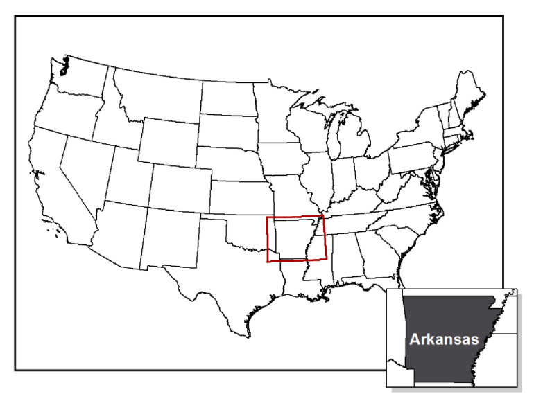 Floating Map The center map is of the United States including a red box outline of the state of Arkansas. The lower right hand image is the map of the Arkansas. 